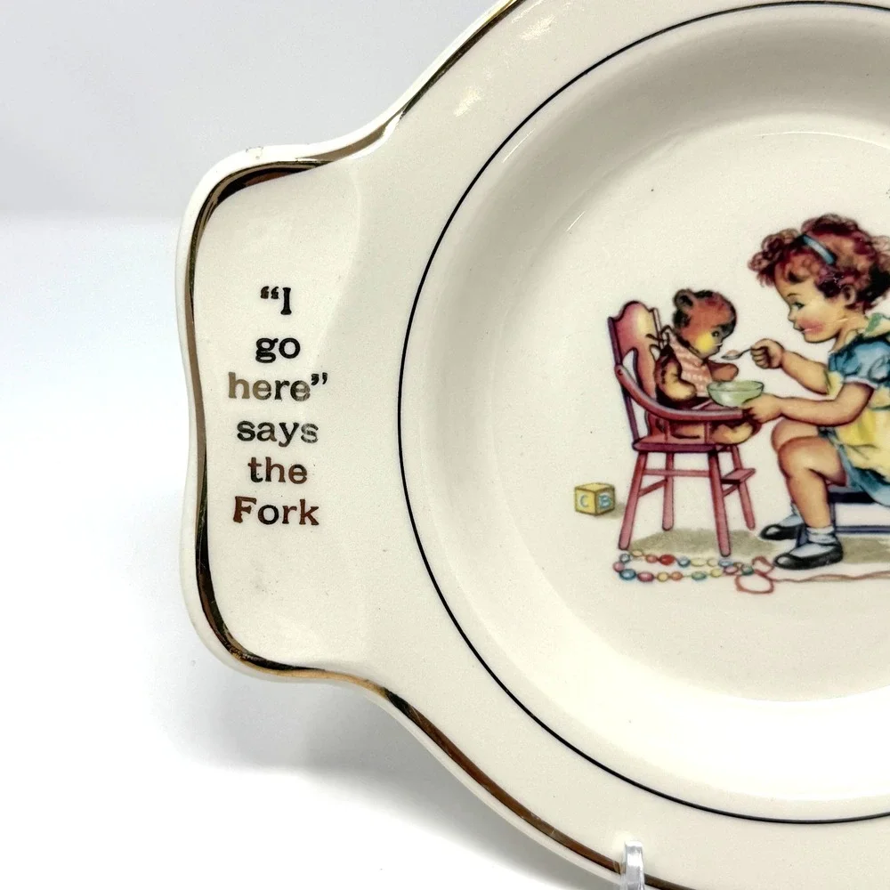 Holmes & Edwards Baby Feeding Plate Girl Teddy Bear Gold Trim